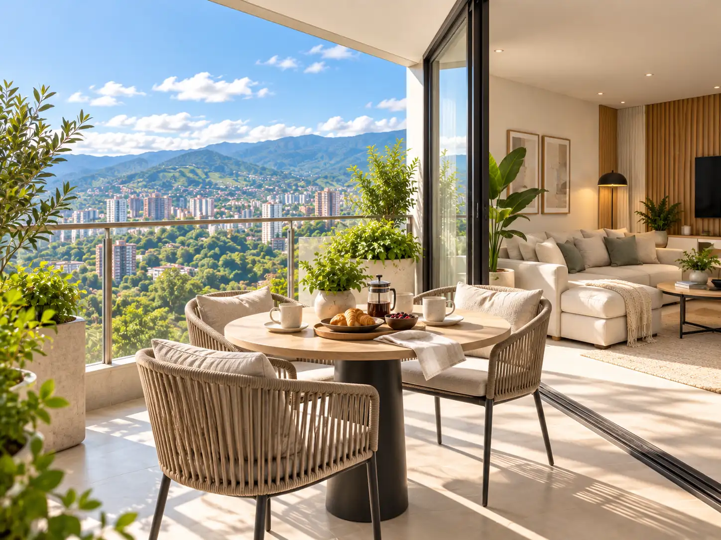 Balcón de un apartamento con mesa de desayuno, sala al fondo y vista a la ciudad y las montañas
