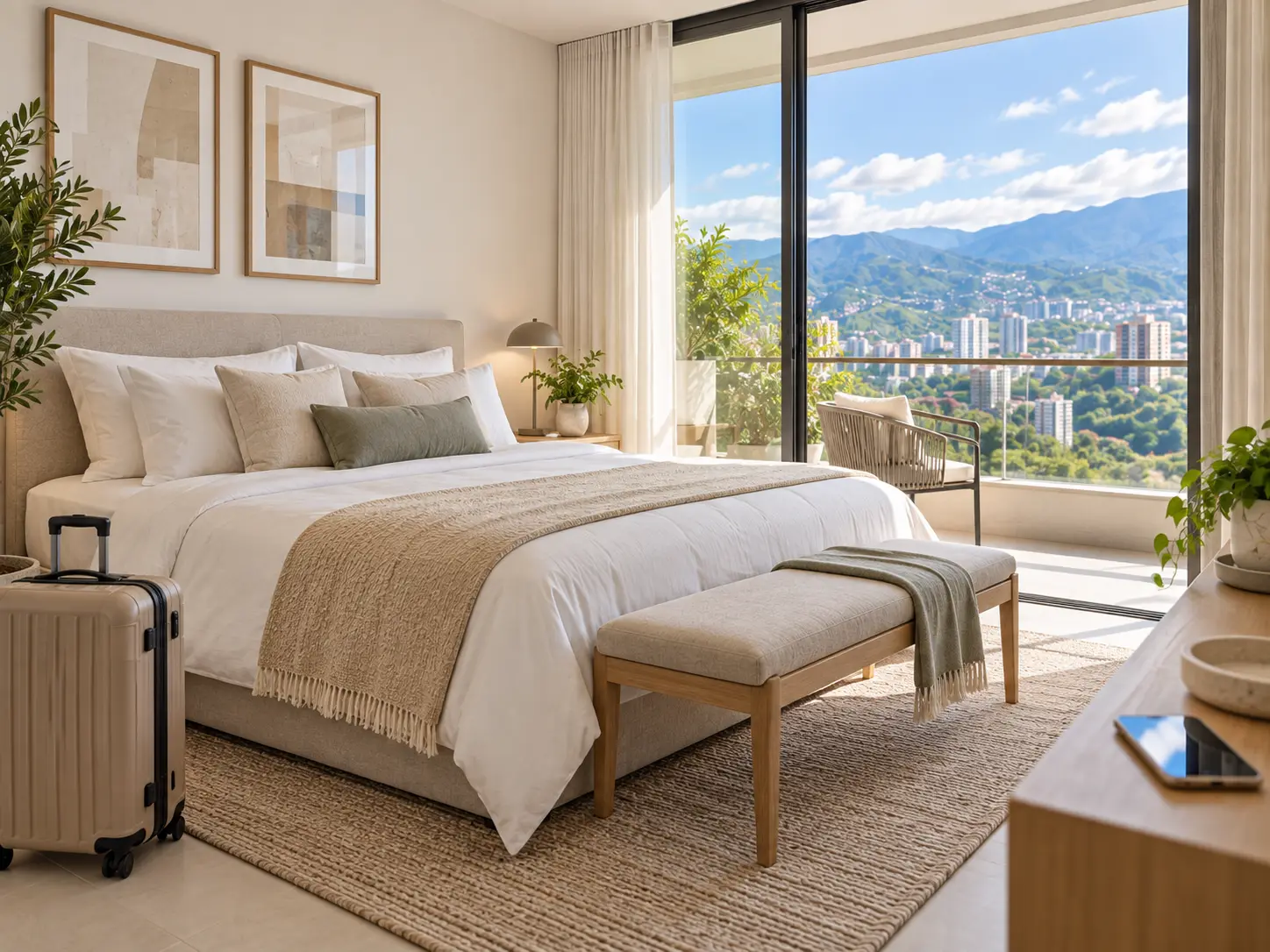 Habitación iluminada con maleta junto a la cama, balcón y vista a la ciudad, lista para renta corta