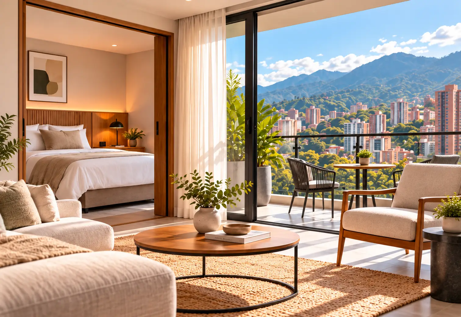 Sala y habitación de un apartamento de corta estancia con balcón y vista a las montañas