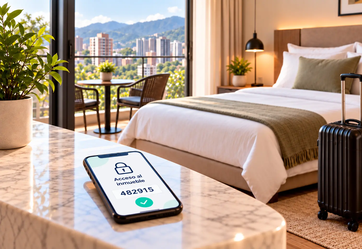 Habitación de corta estancia con maleta y celular con código de acceso al inmueble